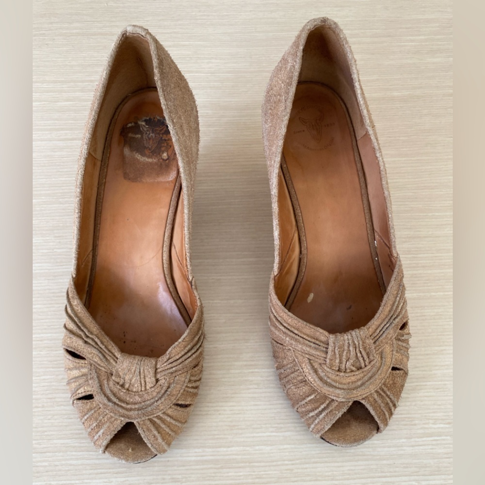 Vintage Frye suede peep toe heels